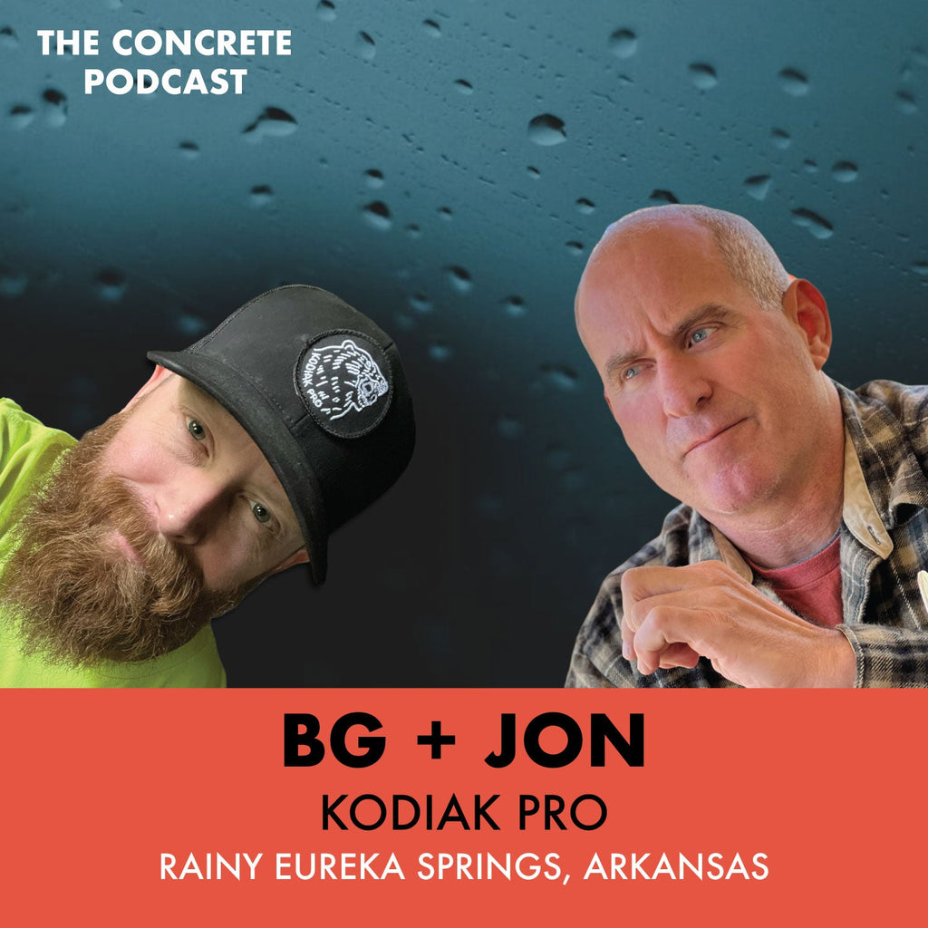 Jon and BG demonstrating silicone application techniques on concrete forms and discussing silicosis-free concrete mix development.