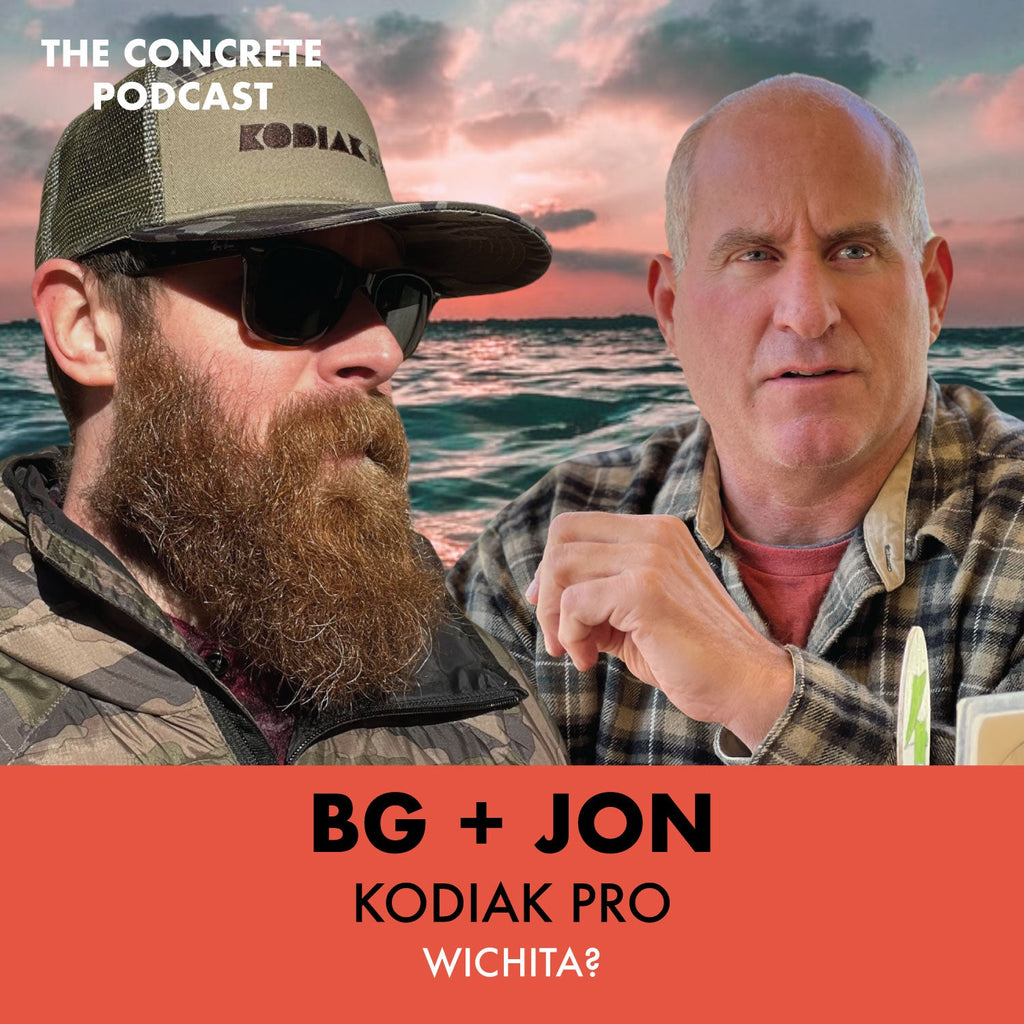 Jon and Brandon discussing sustainable practices in concrete craftsmanship for countertops and furniture.