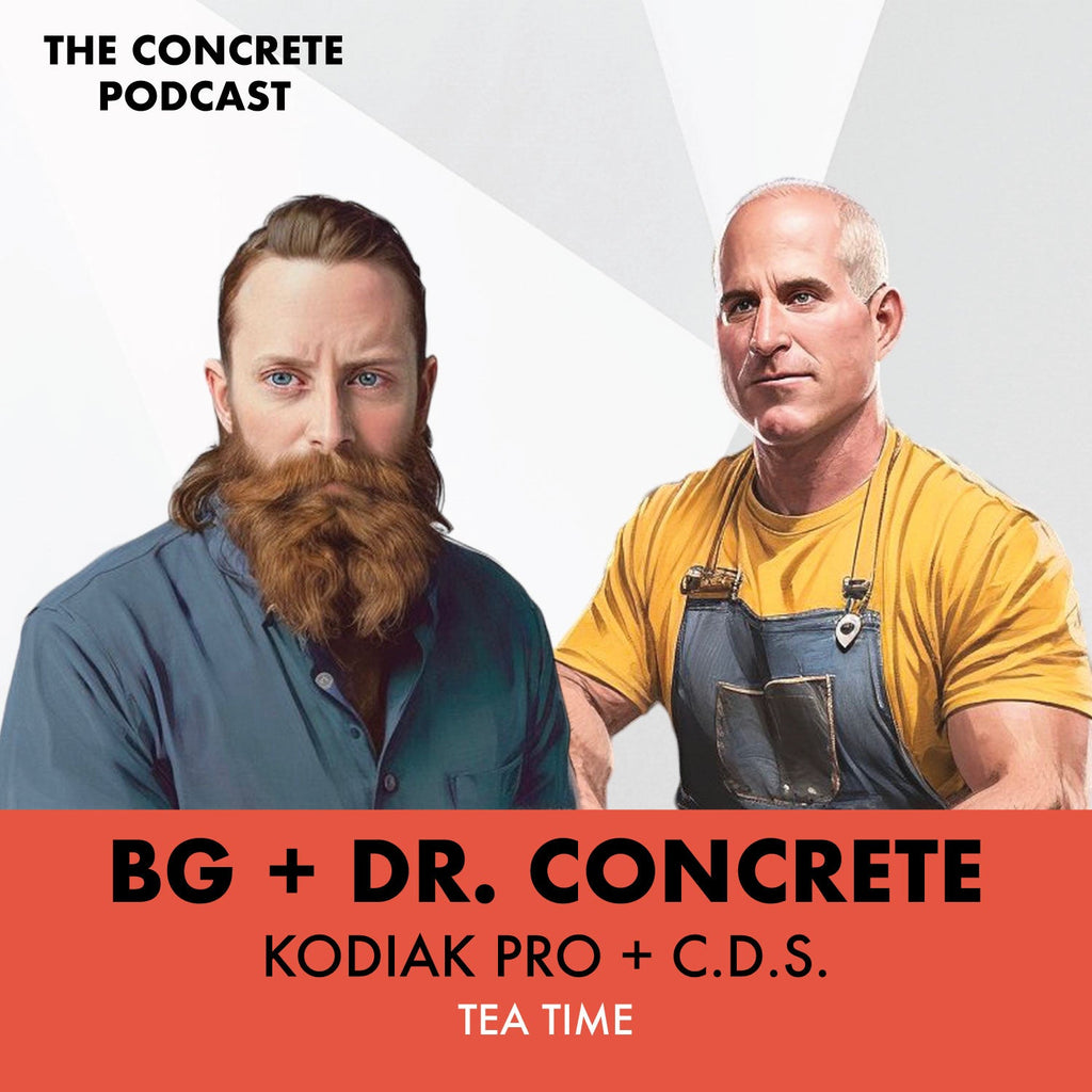 BG and Dr. Concrete discussing curing techniques, liquid defoamers, and original design in concrete craftsmanship.