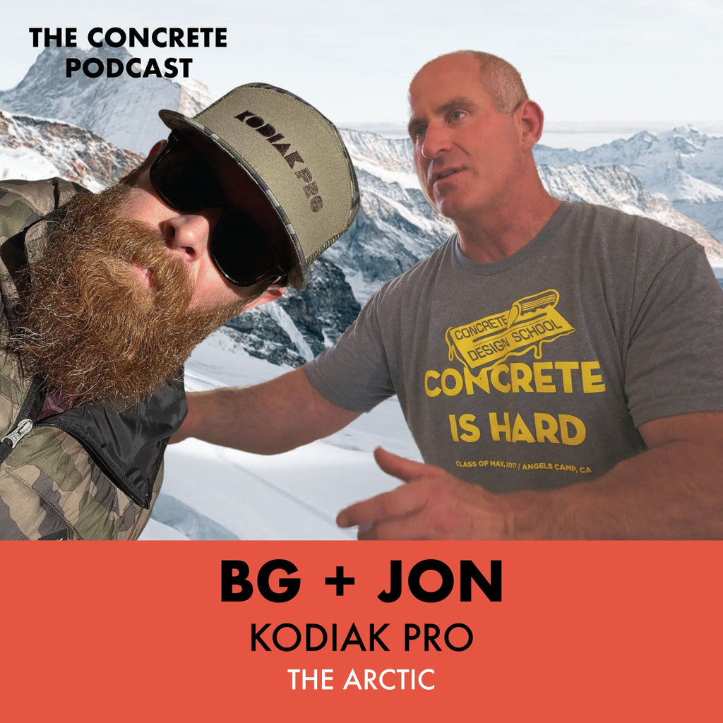 BG and Jon discussing concrete mixing techniques, highlighting the importance of tool selection and mix temperature in achieving quality results.