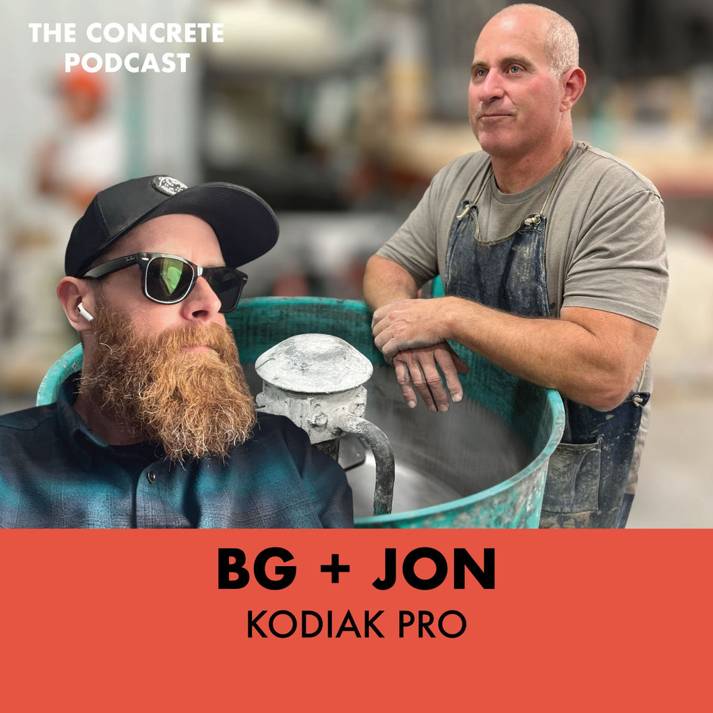 Jon and BG of Kodiak Pro discussing the impact of sales-driven advice on decorative concrete and demonstrating steel inlay techniques.
