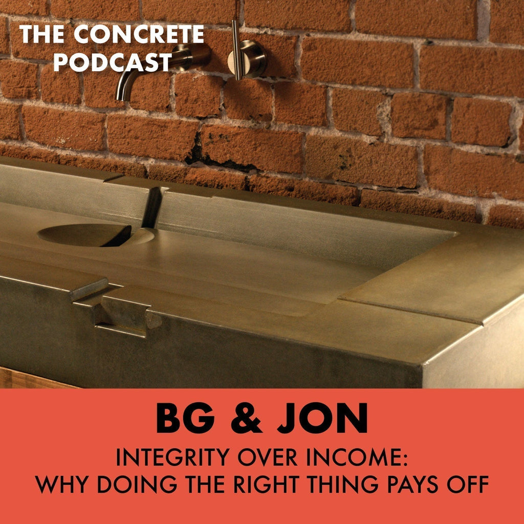 Brandon Gore and Jon Shuler recording The Concrete Podcast episode on integrity in the concrete industry, discussing GFRC, Maker Mix, and doing the right thing.