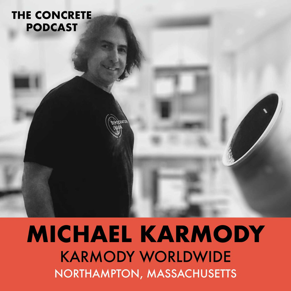 Michael Karmody demonstrating cast-in-place concrete techniques on-site, engaging with clients during the casting process.