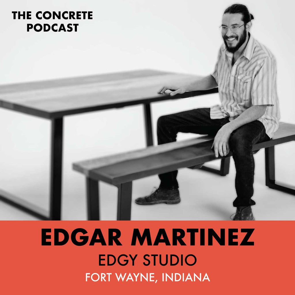 Edgar Martinez of Edgy Studios working on a custom concrete piece in his Fort Wayne workshop, showcasing tools essential for small shop efficiency.