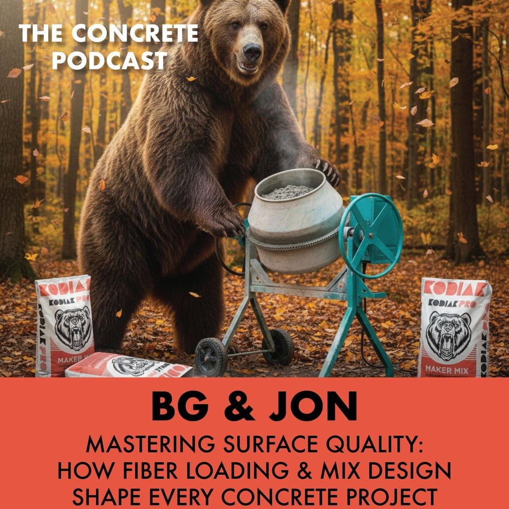 Brandon and Jon at the Concrete Design School Ramm-Crete Workshop, demonstrating proper fiber loading and mix consistency using Kodiak Pro Maker Mix for concrete countertops and furniture.