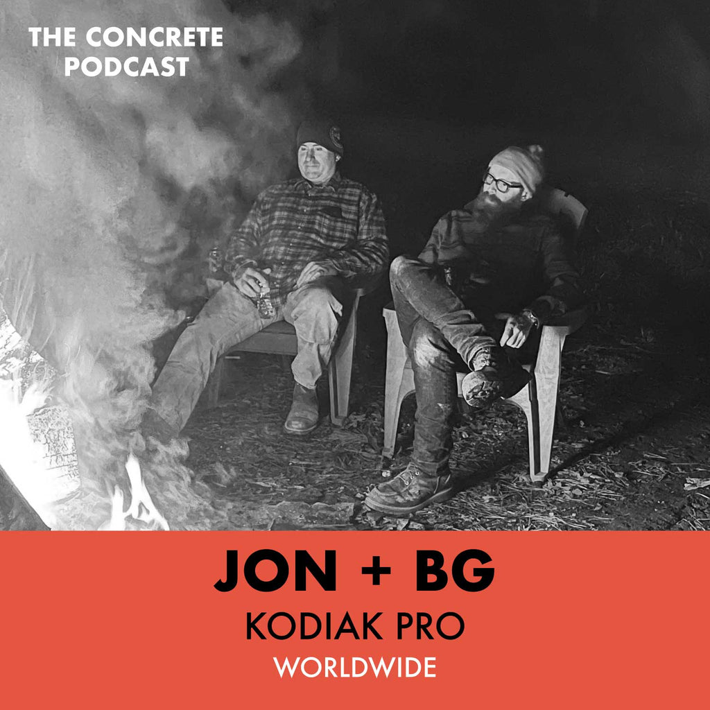 Jon and BG demonstrating acid etching techniques on a concrete surface, highlighting the intricacies of concrete craftsmanship.