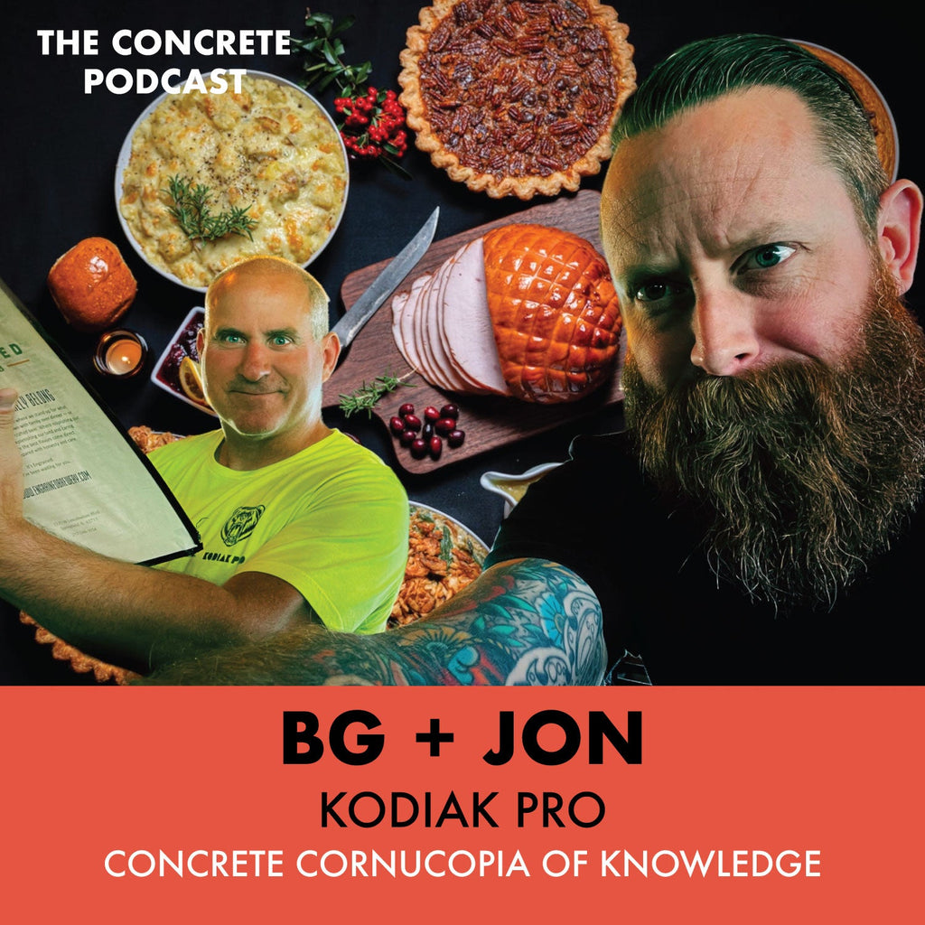 Jon and BG of Kodiak Pro demonstrating concrete curing techniques and discussing the selection of AR Glass Fibers for enhanced durability.