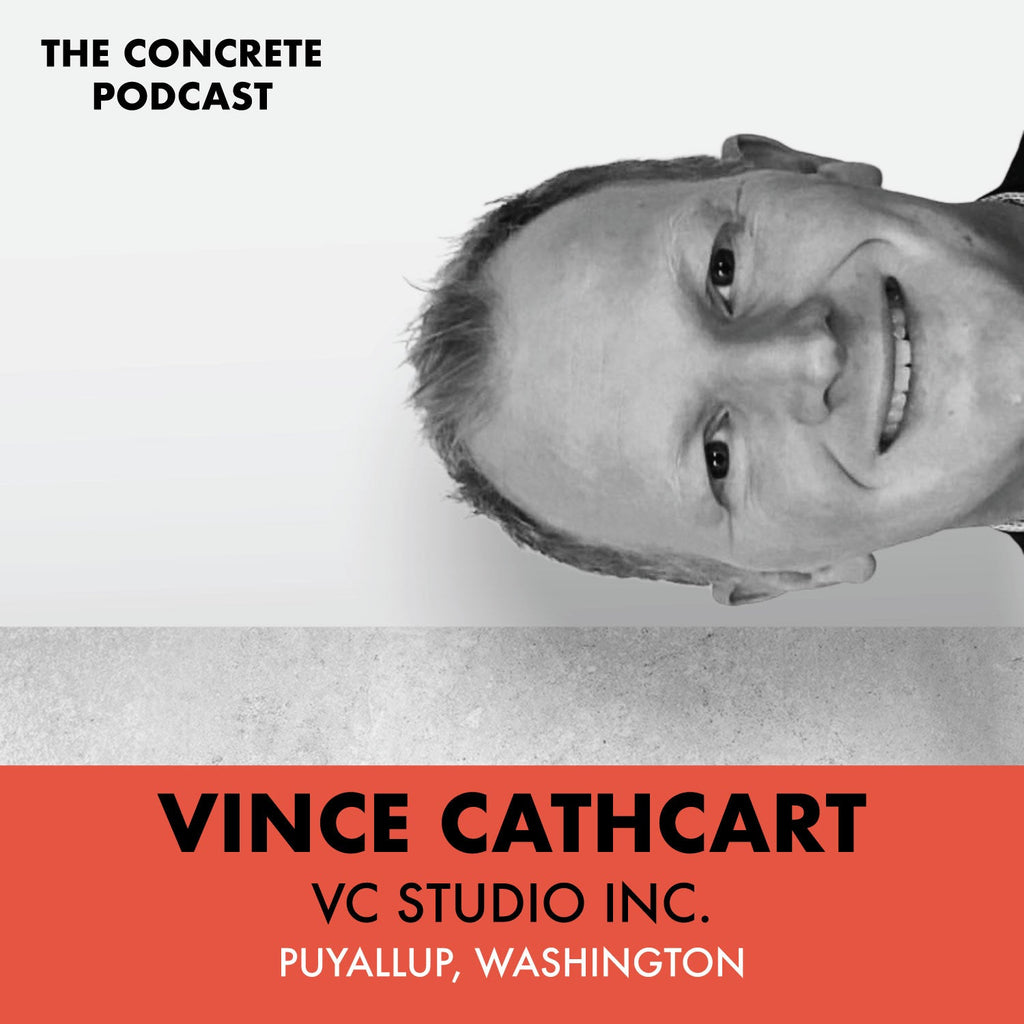 Vince Cathcart of VC Studio Inc. showcasing a sculptural concrete piece crafted using UHPC for enhanced detail and durability.