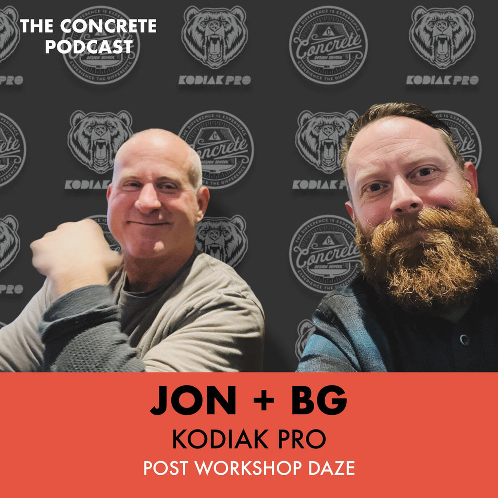 Jon and BG of Kodiak Pro showcasing pozzolan options for scratch mixes, highlighting a $250 discount promotion on Maker Mix and RADmix pallets.